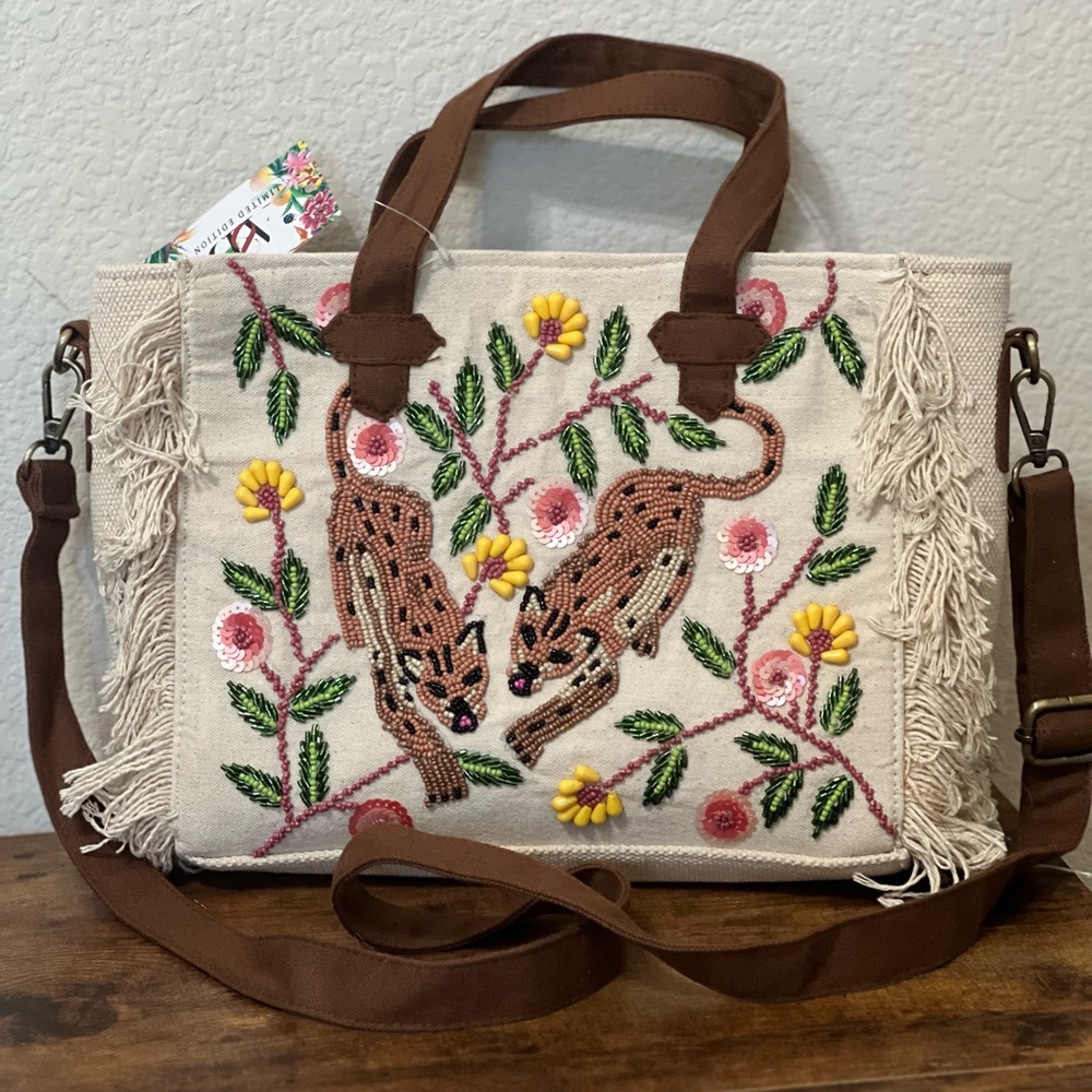America & Beyond Beaded Leopard Tote Bag with Brown Straps